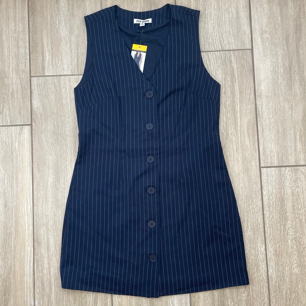 NWT Steve Madden Pinstripe Mini Dress M Navy Blue Vest Button Front Office Siren